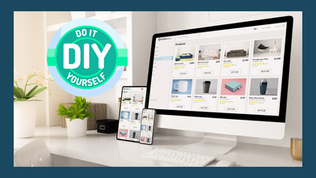 Computer and mobile screens displaying an online shop in a clean office with white furniture and green plants. "DIY" badge featured prominently.