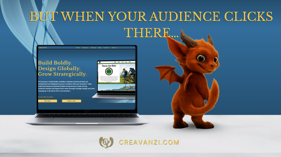 Orange dragon standing beside a laptop displaying a website with the text “But when your audience clicks there…,” symbolizing how traffic can be lost when visitors are redirected away from your main site.