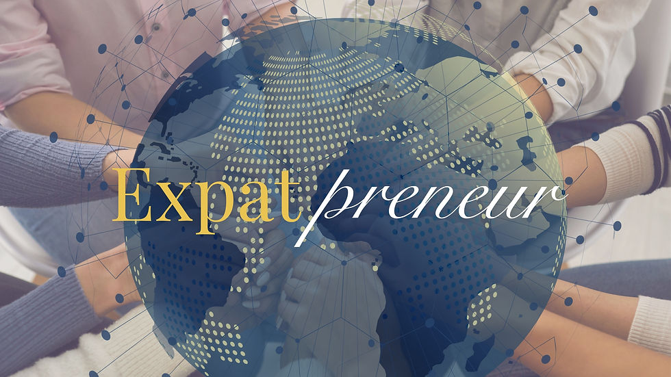 A blue globe with a network symbol around it, surrounded by arms and hands holding the globe. The text across the globe states Expatpreneur.