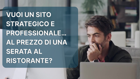 Uomo pensieroso davanti al computer portatile con una scritta sovrapposta: “Vuoi un sito strategico e professionale… al prezzo di una serata al ristorante?” Ask ChatGPT