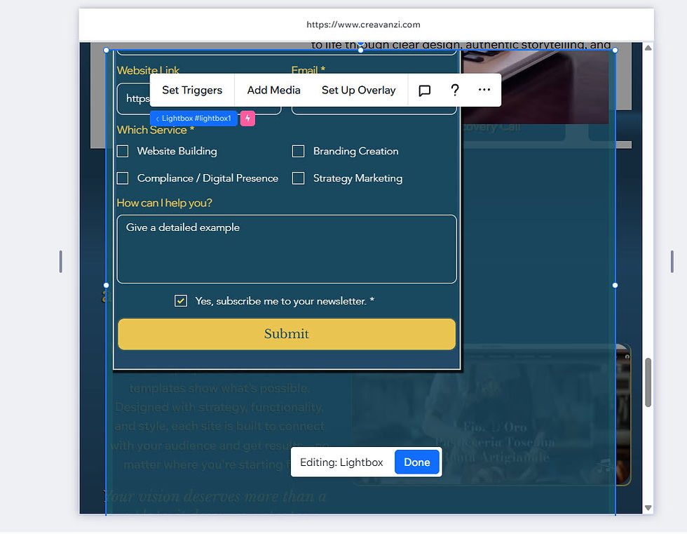 Working on Wix Studio Lightbox form on website, offering services like branding, strategy marketing. Showing the issue of the overly height of the listhbox container.