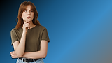 Woman looking thoughtful and considering options against a blue background