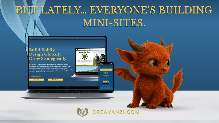 Orange dragon standing beside a laptop and smartphone with the text “But lately… everyone’s building mini-sites,” representing the growing trend of quick-link pages and mini-platforms.