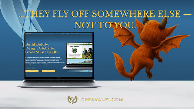 Orange dragon flying away from a laptop screen with the words “They fly off somewhere else — not to you,” representing how relying on third-party platforms can send your audience elsewhere.