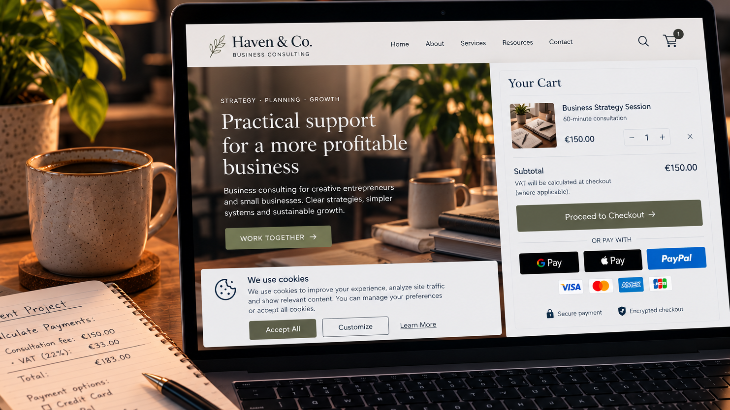 Close-up of a laptop on a cozy desk in a warmly lit home office, displaying a business consulting website with a shopping cart, checkout panel, cookie banner, and payment options, beside a coffee mug, plant, notebook with payment calculations, pen, and calculator.