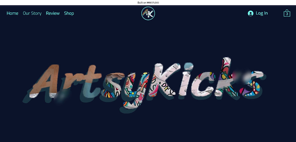 Colorful "ArtsyKicks" logo on a dark background, with menu items Home, Our Story, Review, Shop above. Artistic and vibrant design.