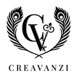Monochrome black Creavanzi logo with peacock feather wings on a light gray background
