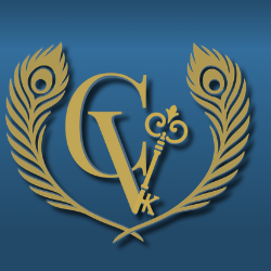 Gold Creavanzi logo with C and V initials and ornate feather design on a deep blue background