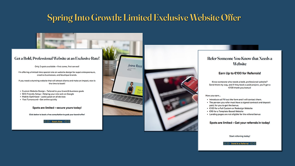 Website offer ad on dark blue background. Two flyers detail special rates and referral bonuses for web design services. Laptop and phone shown.