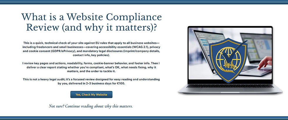 Laptop displaying website analytics with a gold and blue compliance shield icon overlay, symbolizing website security and compliance review.
