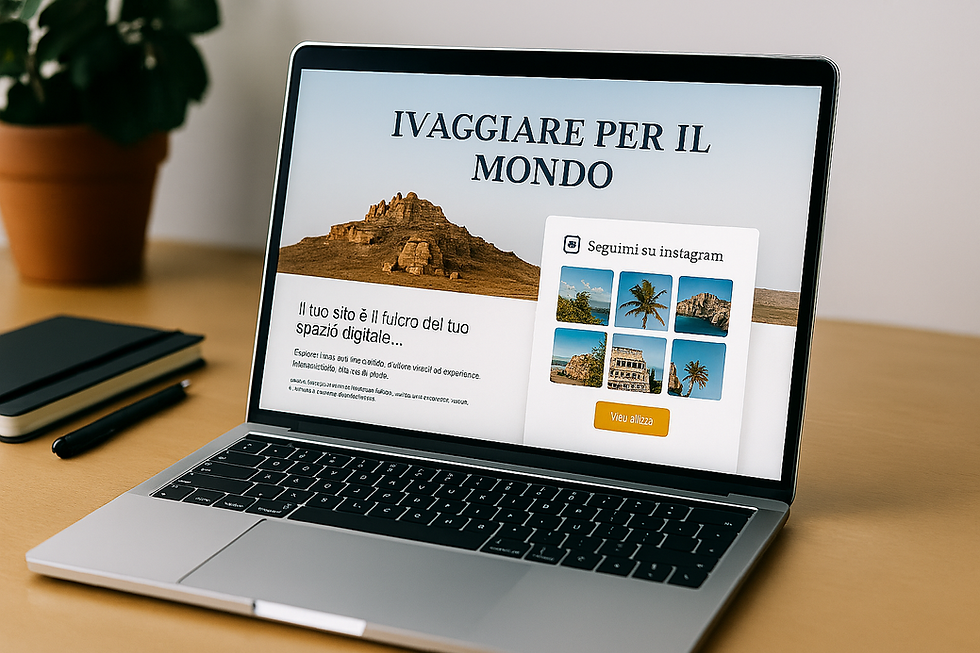 Foto realistica di un laptop su una scrivania con un sito di viaggi aperto sullo schermo e un feed Instagram integrato.