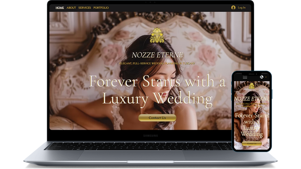 Design reattivo di sito web per fornitori nuziali, mostrato su laptop e smartphone, con processo di prenotazione elegante e layout ottimizzato per dispositivi mobili.