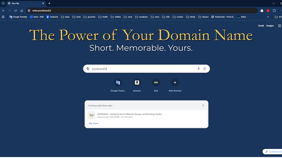 Browser screenshot with the URL bar showing www.yourbrand.it
and headline text ‘The Power of Your Domain Name – Short. Memorable. Yours.’ Highlighting why owning the right domain is essential for business branding.