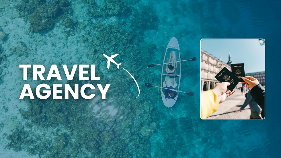 Travel agency graphic with aerial view of a couple kayaking in turquoise water, a travel icon, and inset photo of travellers holding passports in Paris.