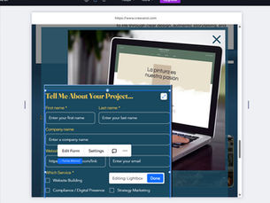 Screenshot of the Wix Studio editor showing a lightbox with a contact form selected. The Layers panel on the left highlights the form structure, while the right-side panel displays size, position, and margin settings for the selected form container.
