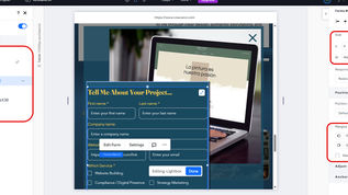 Screenshot of the Wix Studio editor showing a lightbox with a contact form selected. The Layers panel on the left highlights the form structure, while the right-side panel displays size, position, and margin settings for the selected form container.
