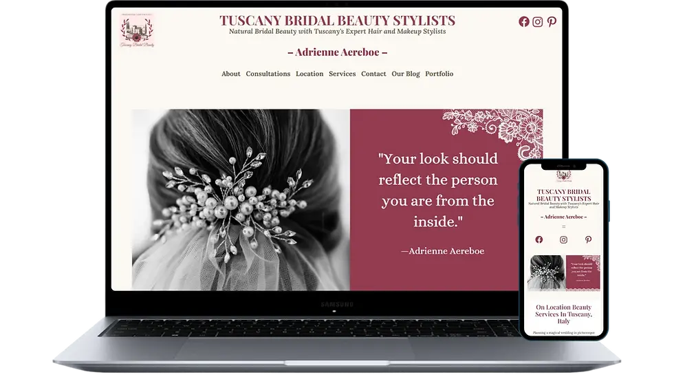 Laptop and phone mockup of a bridal hair and makeup website with elegant typography and a clear “book now” flow.