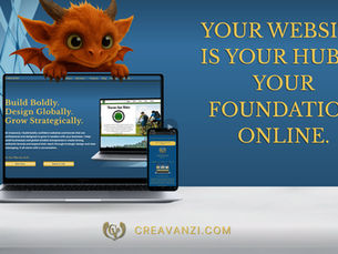 Orange dragon beside a laptop displaying a professional website with the text “Your Website Is Your Hub — Your Foundation Online,” representing brand ownership and the importance of a central website.