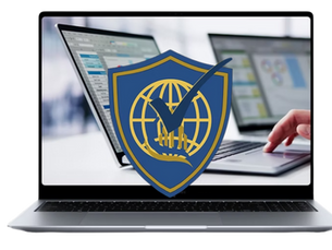 Laptop screen showing data dashboards with a large blue and gold compliance shield and checkmark icon overlay, symbolizing website security and compliance review.