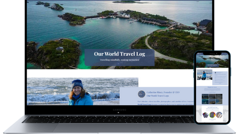 Anteprima del sito web Our World Travel Logs visualizzato su laptop e smartphone, esempio di design responsive.