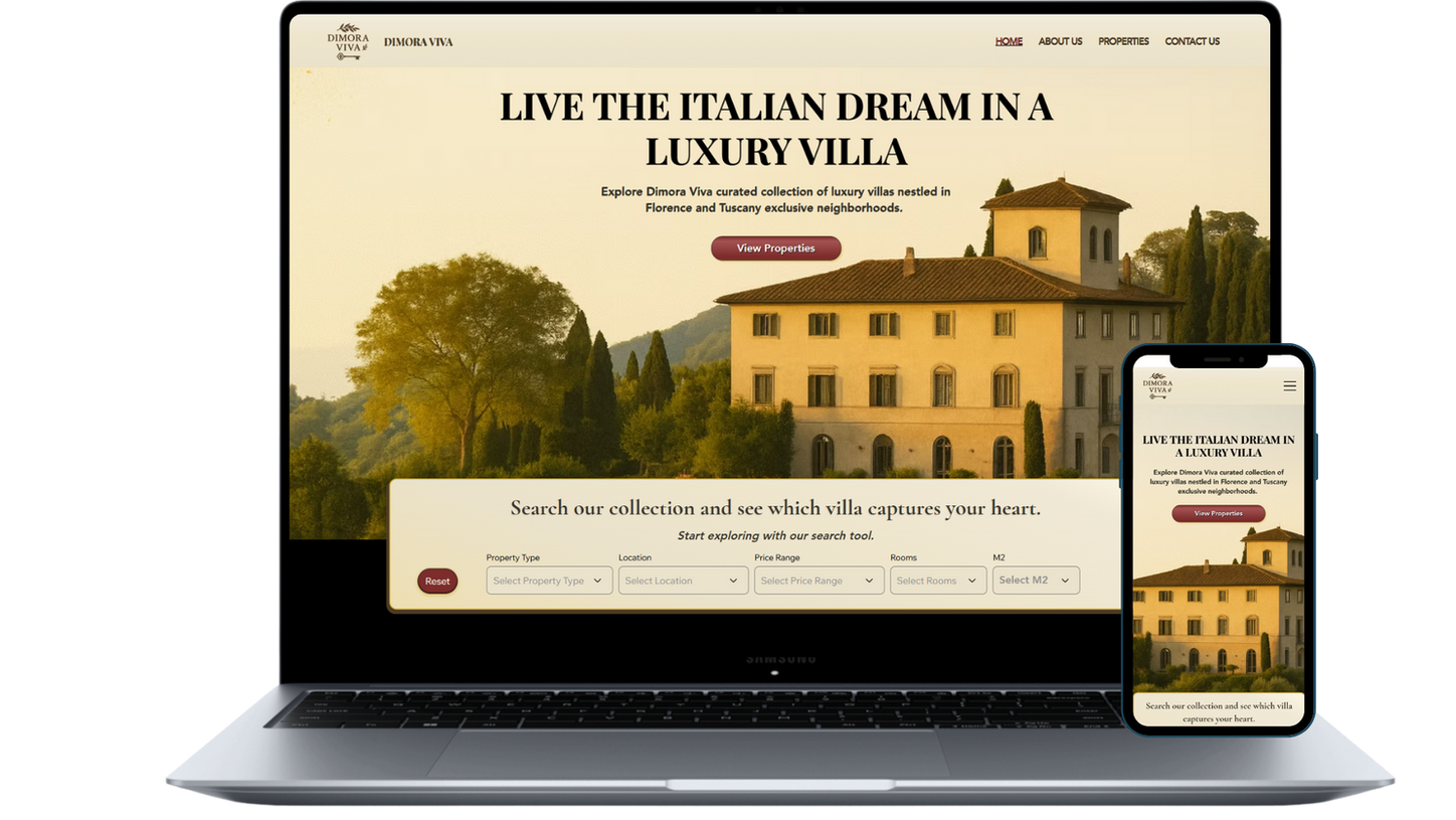 Laptop and phone mockup of the Dimora Viva real-estate site with a luxury villa hero image and property search bar.