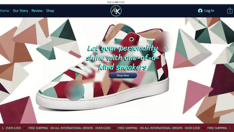 Geometric-patterned sneakers with colorful triangles. Text reads "Let your personality shine with one-of-a-kind sneakers." Shop button visible.