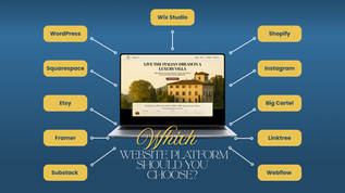 Graphic showing a laptop surrounded by popular website platforms such as Wix Studio, WordPress, Shopify, Squarespace, Webflow, Etsy, Instagram, Big Cartel, Linktree, Framer, and Substack, with the text ‘Which Website Platform Should You Choose?