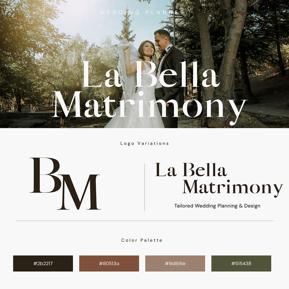 Elegant wedding planning brand logo reading La Bella Matrimony with tagline Tailored Wedding Planning & Design in a refined serif font.