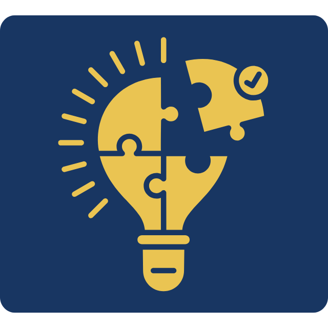 Gold lightbulb with puzzle pieces icon representing creativity, innovation, and problem-solving.