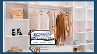 Closet with beige clothes on hangers, shoes, and boxes. A monitor displays "Responsive Web Design" against a snowy mountain backdrop.