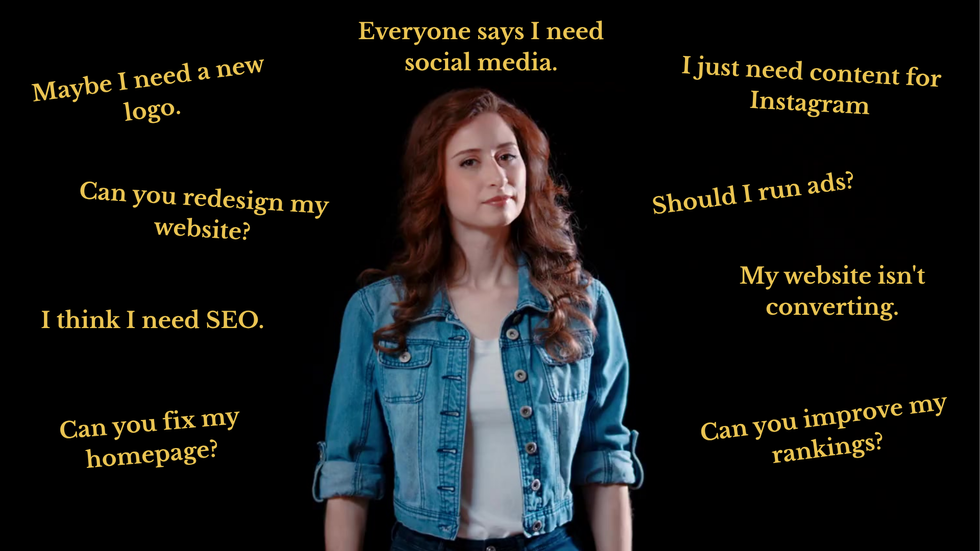 Business owner surrounded by common digital marketing requests such as website redesign, SEO, social media content, paid advertising, and conversion optimization, representing the challenge of treating symptoms instead of addressing the root causes within a business's digital presence, visibility, client journey, and systems.