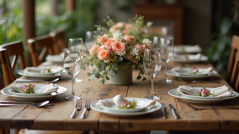 Close-up view of a rustic dining table set with floral tableware