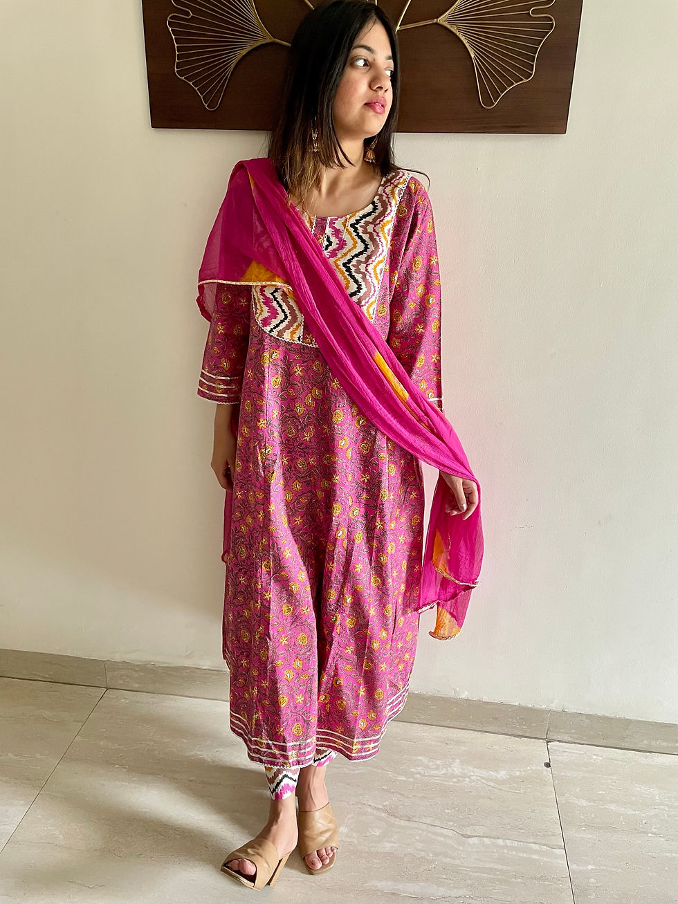 Thumbnail: Floral Pink Long Cotton Suit Set