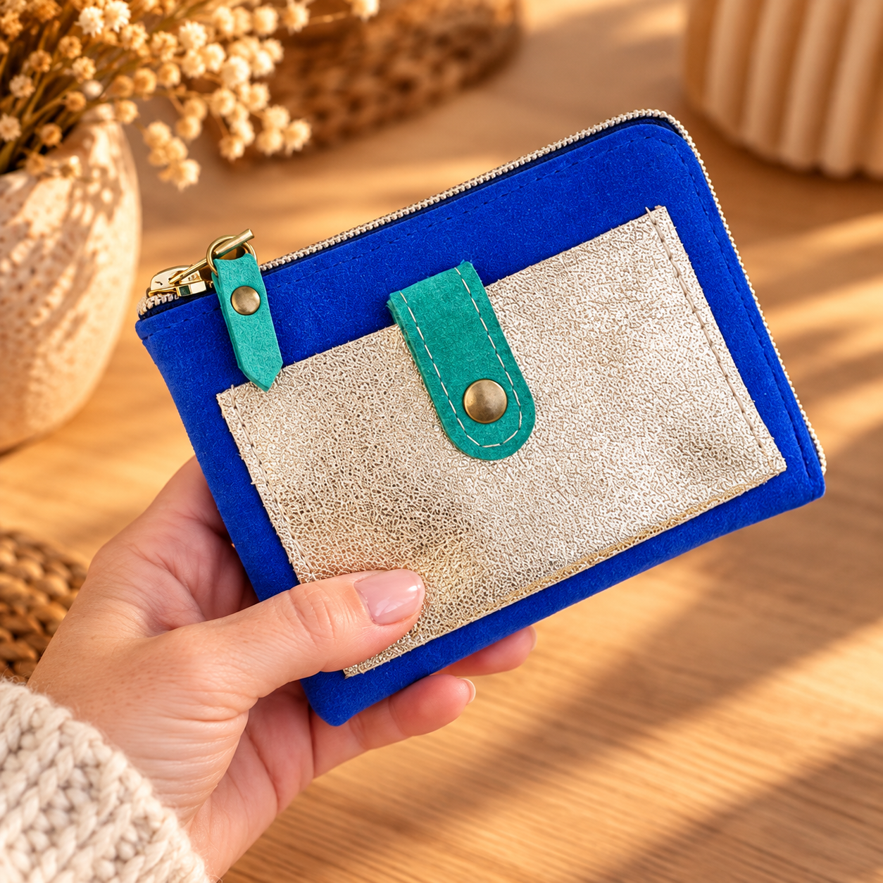 Isa – Portefeuille en cuir bleu klein doré vert