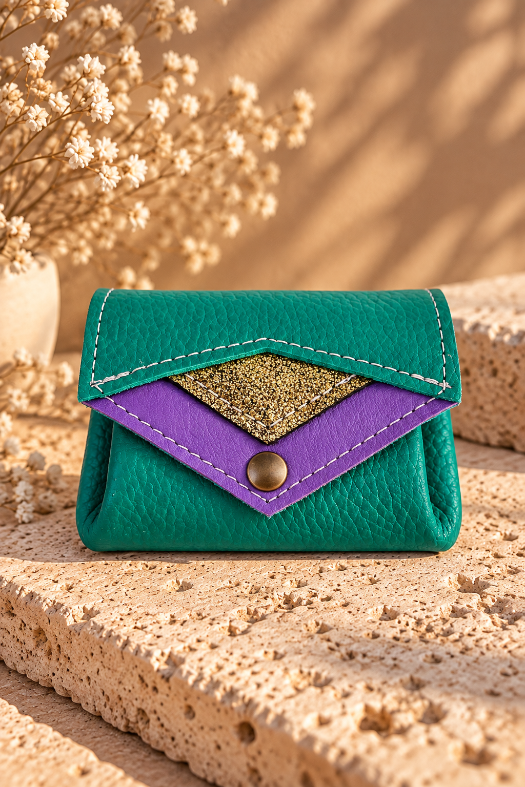 Le Mignon – Porte-monnaie en cuir vert violet doré