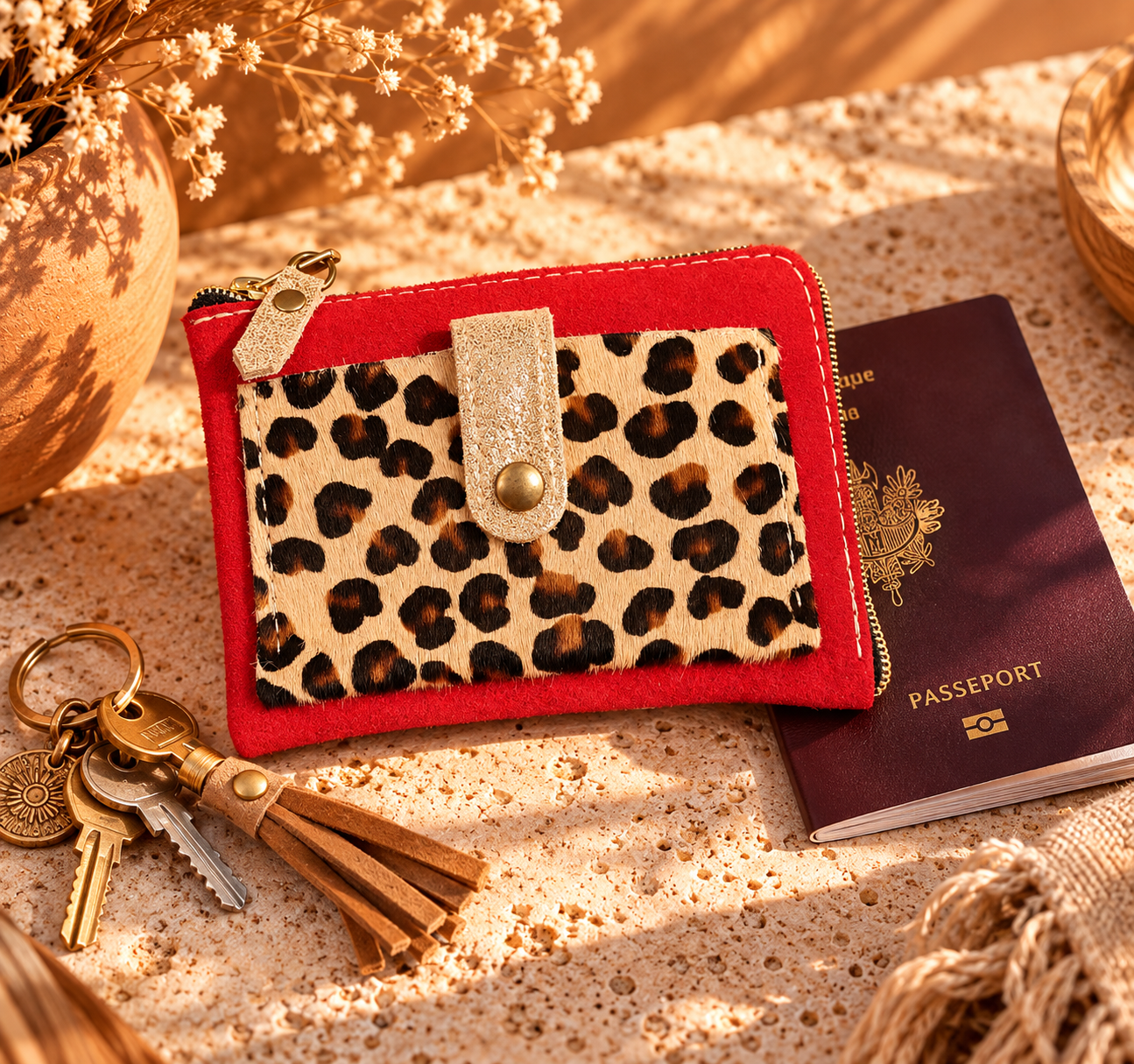 Isa – Portefeuille en cuir rouge et leopard
