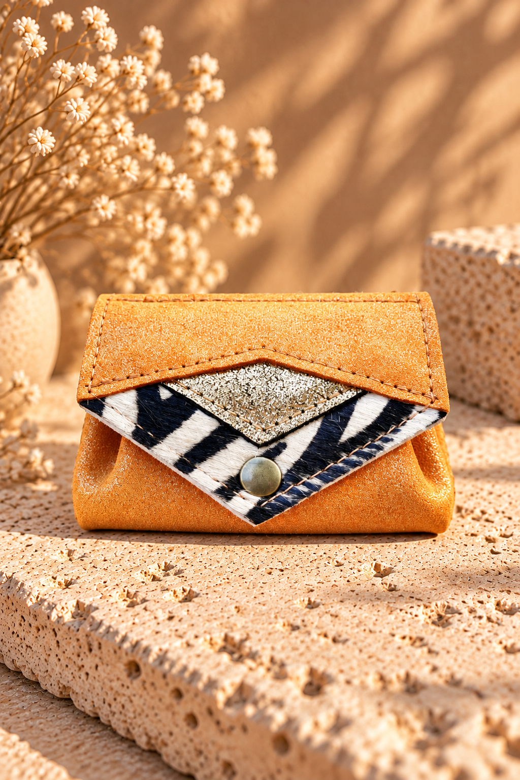 Le Mignon – Porte-monnaie en cuir melon brillant et zébré