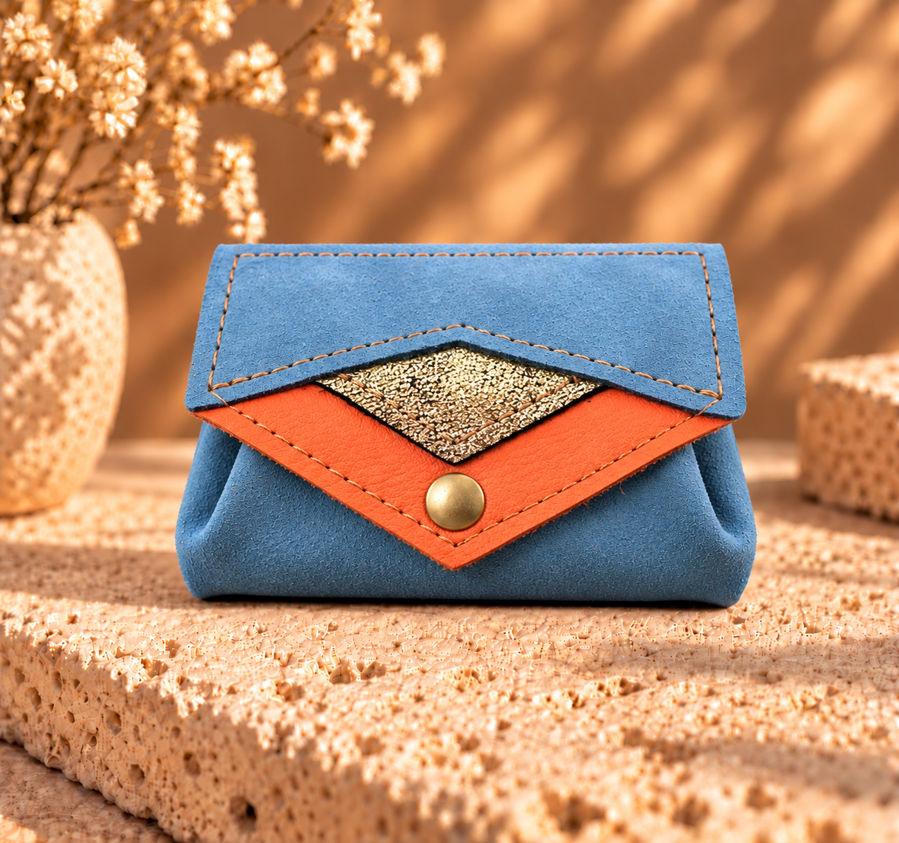 Le Mignon – Porte-monnaie en cuir bleu corail doré