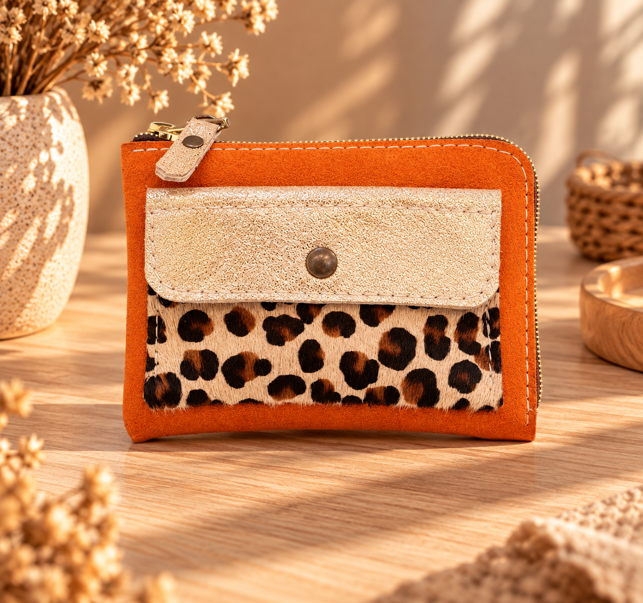 Isa – Portefeuille en cuir orange et leopard