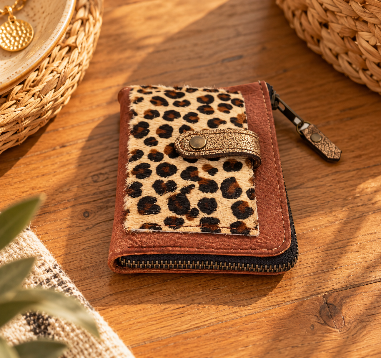 Isa – Portefeuille en cuir marron léopard bronze