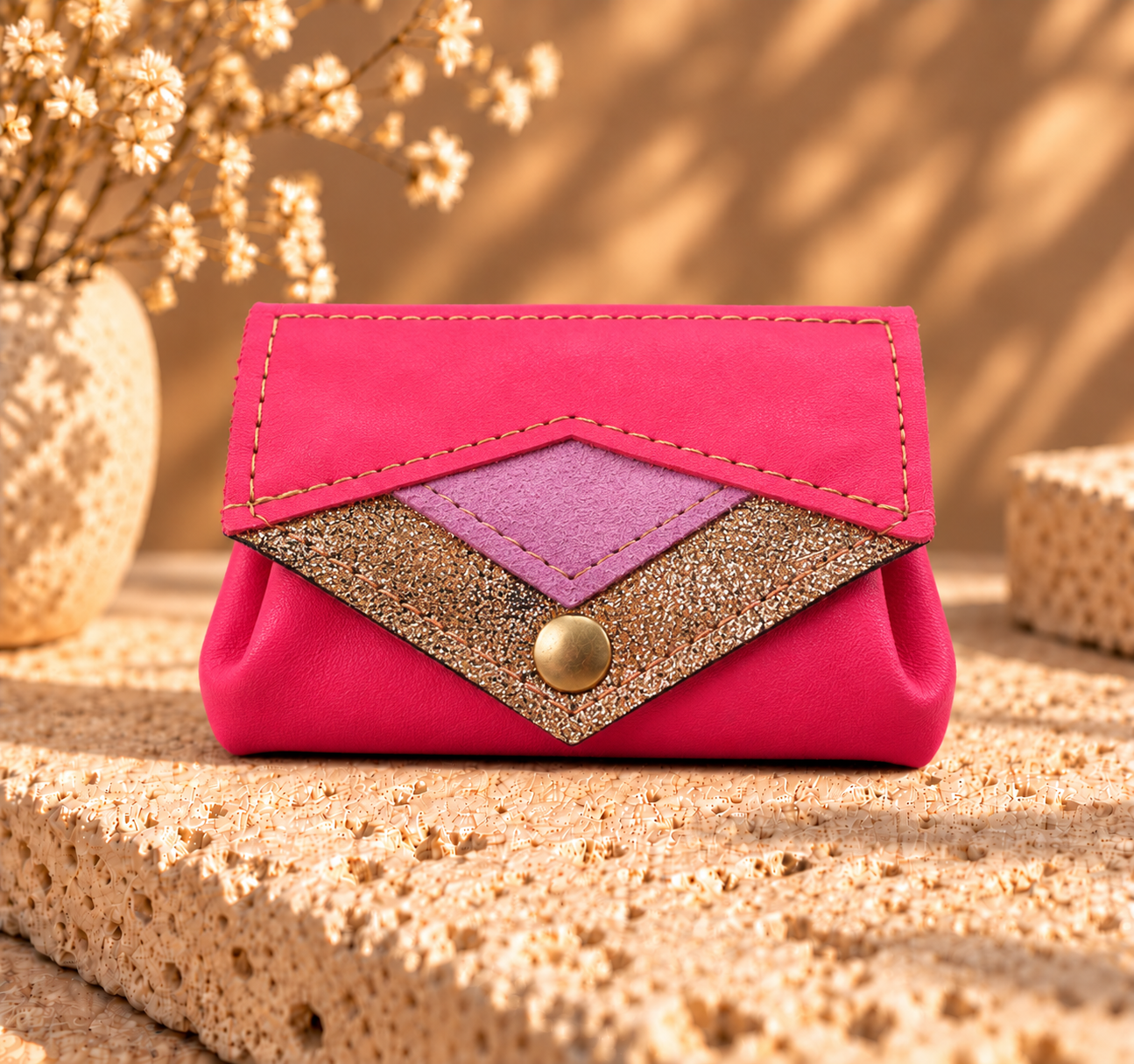 Le Mignon – Porte-monnaie en cuir rose, doré lilas