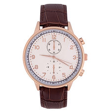 Rose gold chronograph watch with brown leather strap