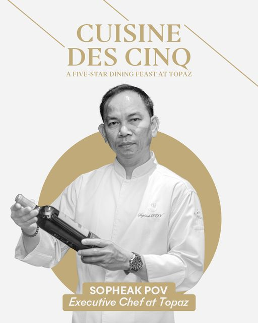 À l’occasion de la soirée gastronomique spéciale « Cuisine des cinq », un festin cinq étoiles qui aura lieu au Topaz le 26 septembre 2023, à partir de 18 h 30, retour sur le parcours de Sopheak, un homme à l’agenda bien rempli ! Il faut savoir que ce dernier dirige une brigade de plus de trente personnes qui, en plus de la cuisine du Topaz, est également chargée de tout le travail de préparation pour deux autres restaurants du groupe Thalias à Phnom Penh : Khéma Pasteur et Khéma La Poste.