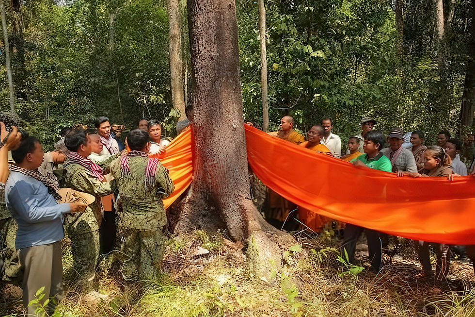 Des membres de la communauté de Prey Lang et des fonctionnaires du ministère de l'Environnement participent à une cérémonie de Bonn Prey Lang dans le sanctuaire de Prey Lang. Photo Ministère de l'environnement