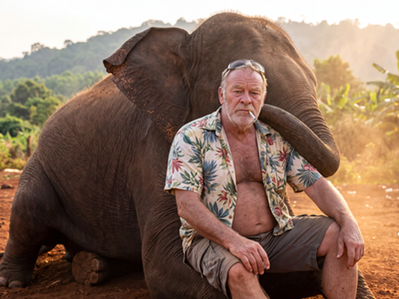 Older Western expat in a Hawaiian shirt sitting in red dirt beside a resting elephant at dawn in Ratanakiri, Cambodia