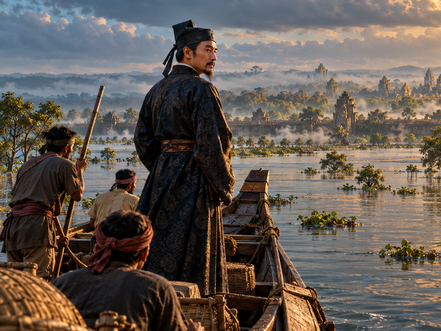 Imaginary reconstruction of Zhou Daguan and his crew on the flooded Tonlé Sap. No authentic portrait of the envoy is known