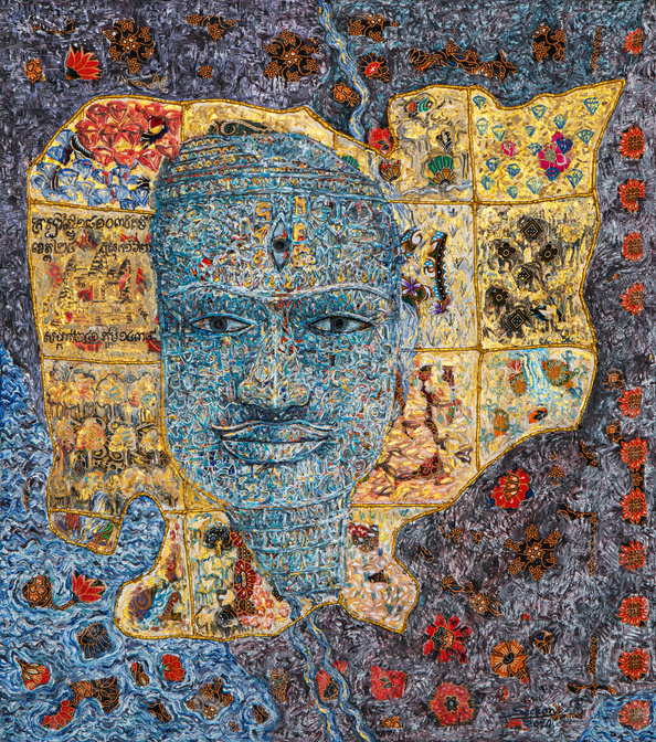 Une œuvre de Leang Seckon : un visage bleu sur un patchwork doré, entouré de motifs floraux
