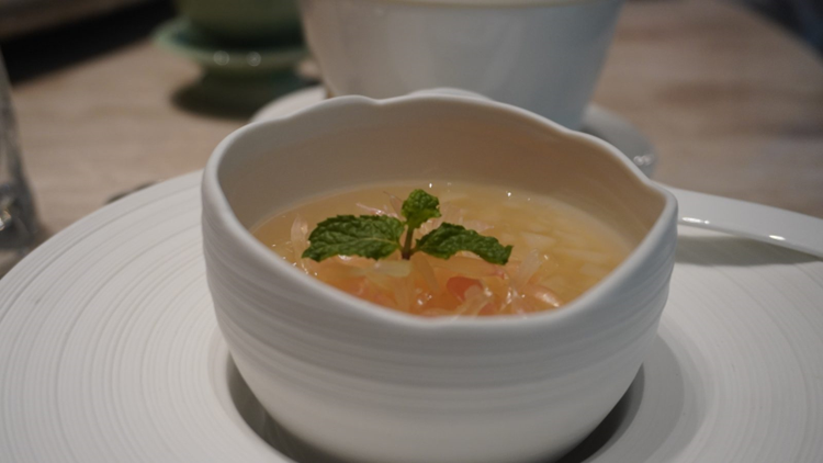 To finish, the chilled mango, pomelo and sago cream, a Cantonese classic