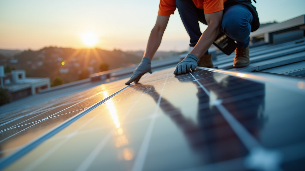 Close-up view of solar panel installation process on a commercial building rooftop
