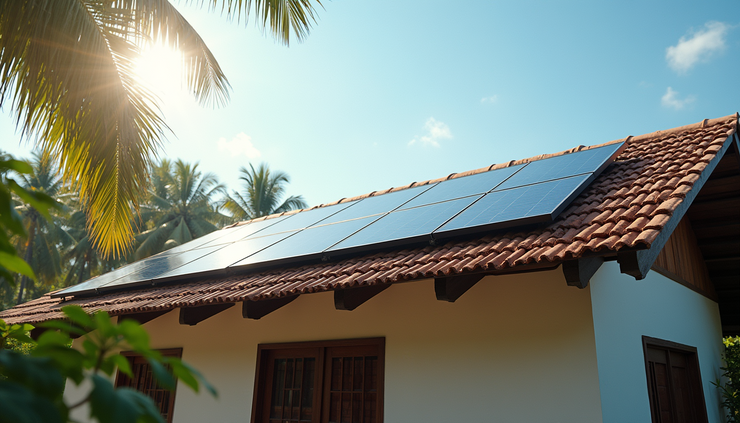 Eye-level view of solar panels installed on a Kerala rooftop with clear blue sky